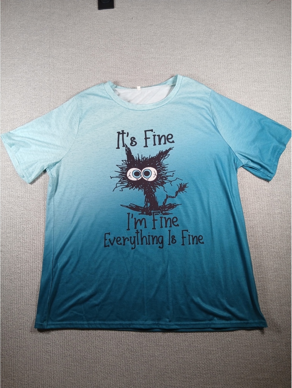 Gradient Blue T-Shirt with 'It's Fine' Cartoon Graphic